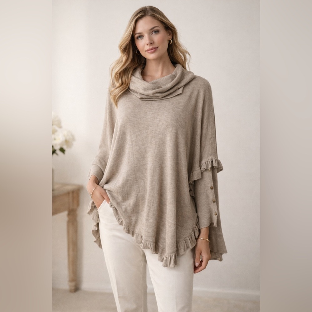 Joseph A Ruffled Cowl Neck Poncho Top Taupe Knit XL Boho Chic